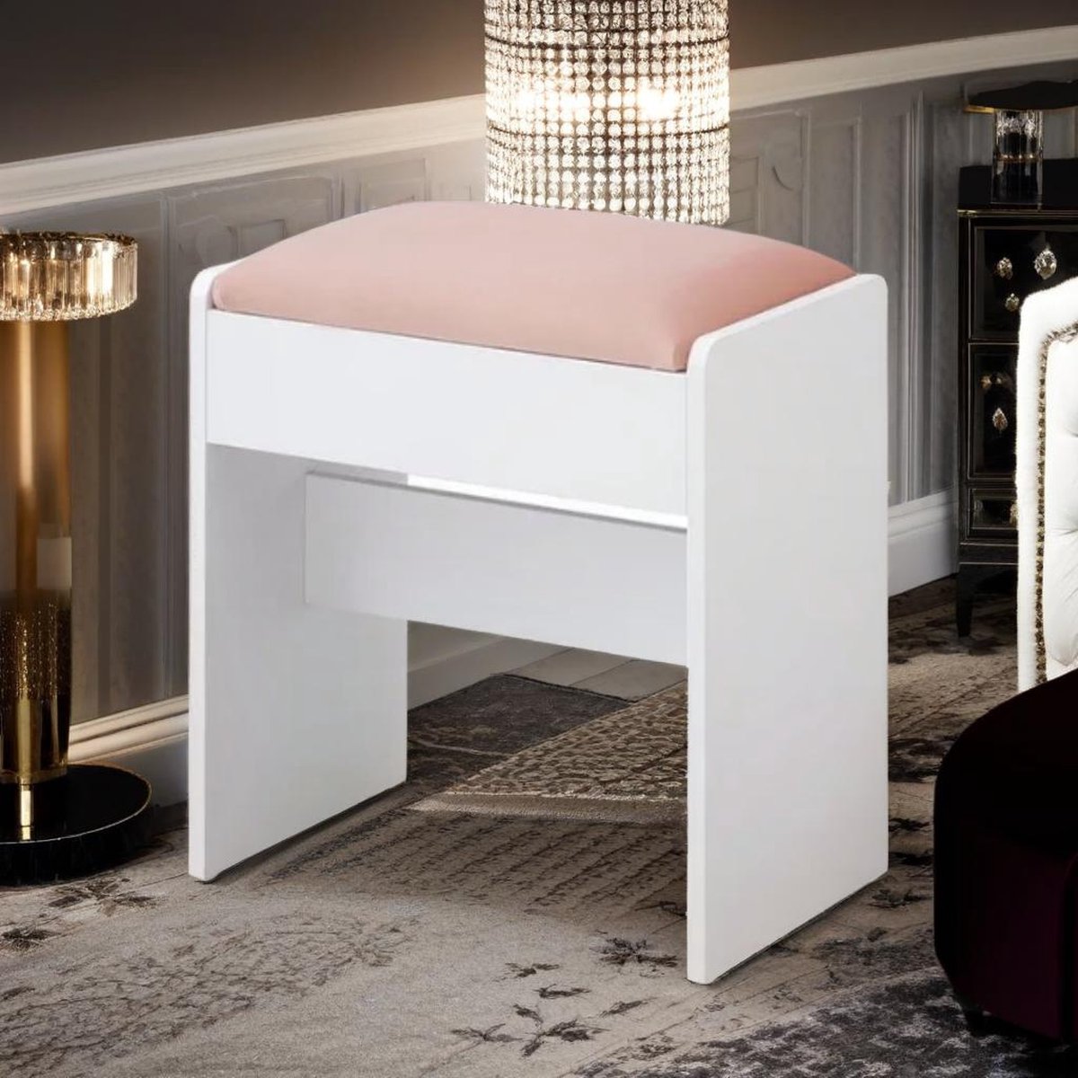 Florida Kaptafel Kruk Gewatteerde Fluwelen - Make-up Krukje stoel met Antislip Voetkussentjes - Wit roze