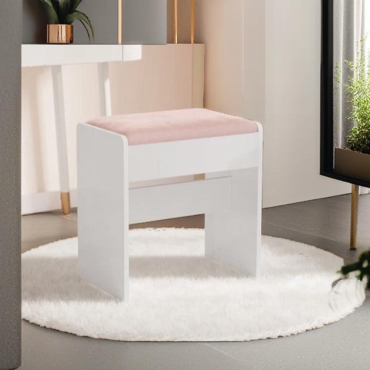 Florida Kaptafel Kruk Gewatteerde Fluwelen - Make-up Krukje stoel met Antislip Voetkussentjes - Wit roze