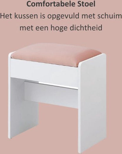 Florida Kaptafel Kruk Gewatteerde Fluwelen - Make-up Krukje stoel met Antislip Voetkussentjes - Wit roze
